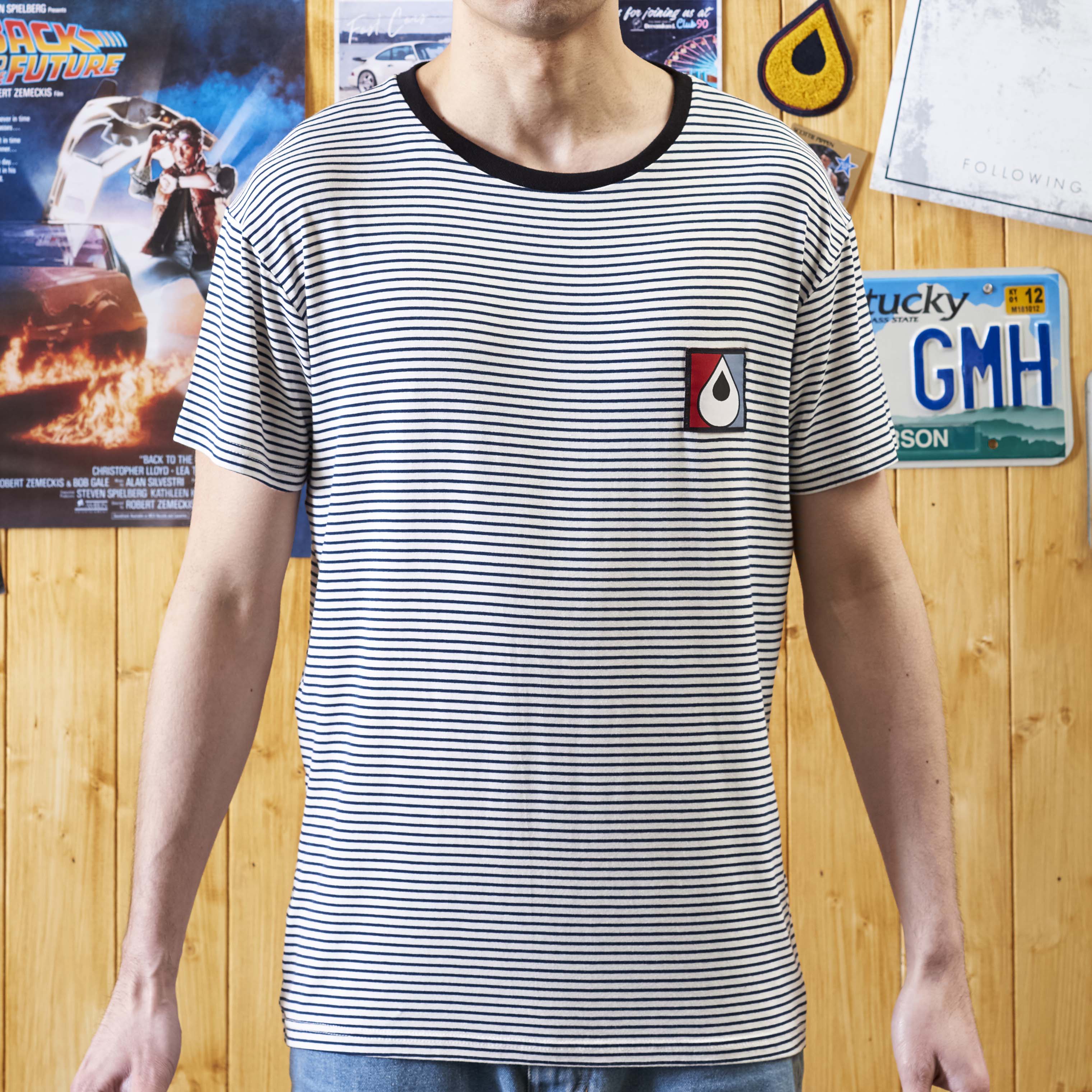 mens striped t-shirt with chest patch