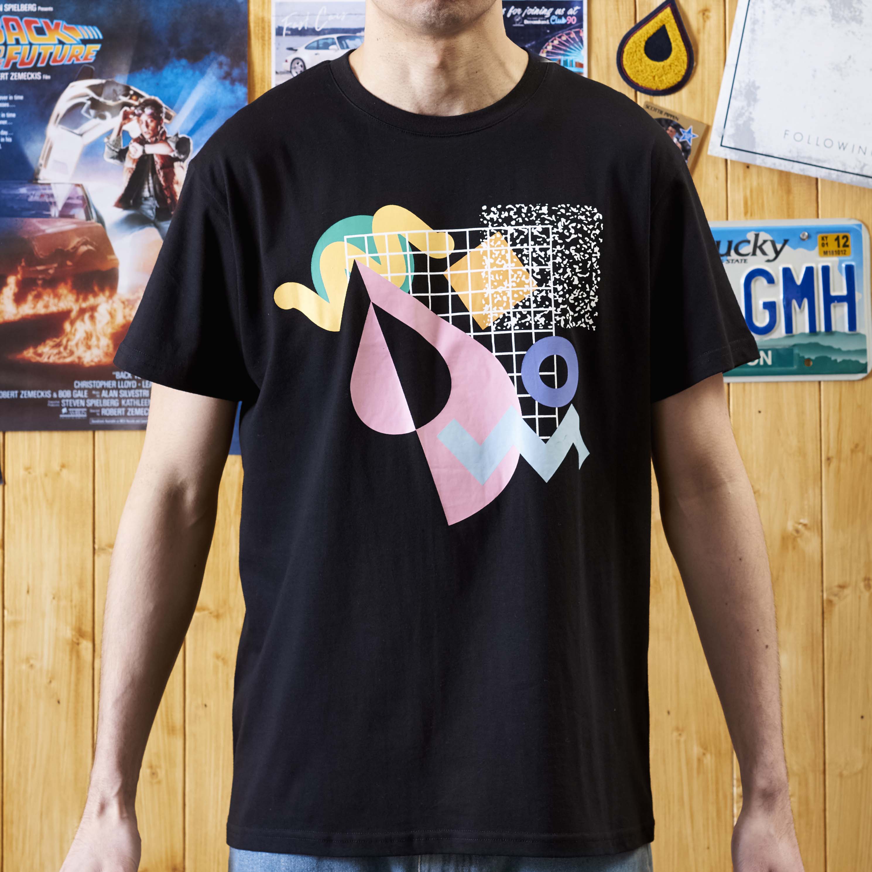mens black t-shirt with 80's design