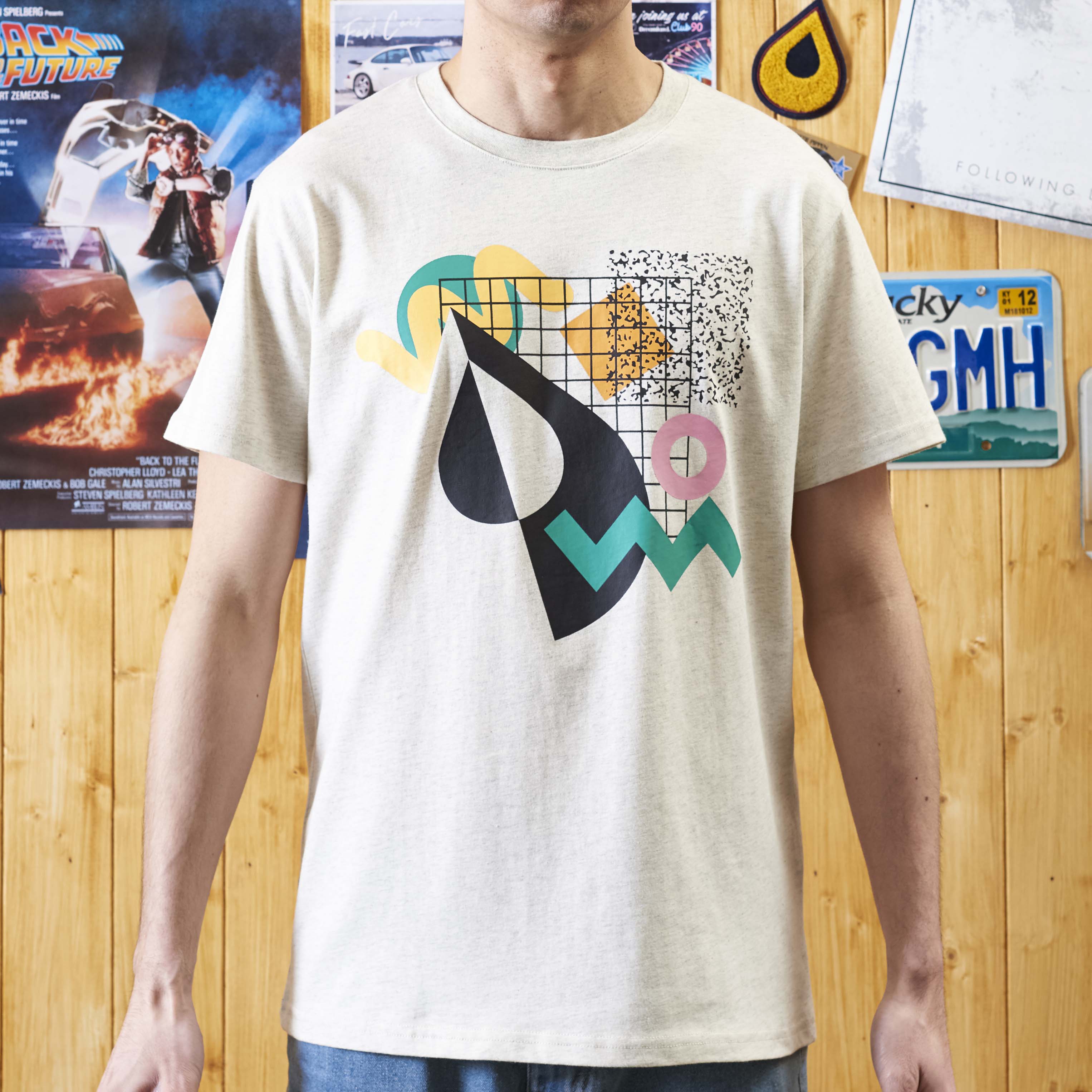 mens cream t-shirt with 80's design