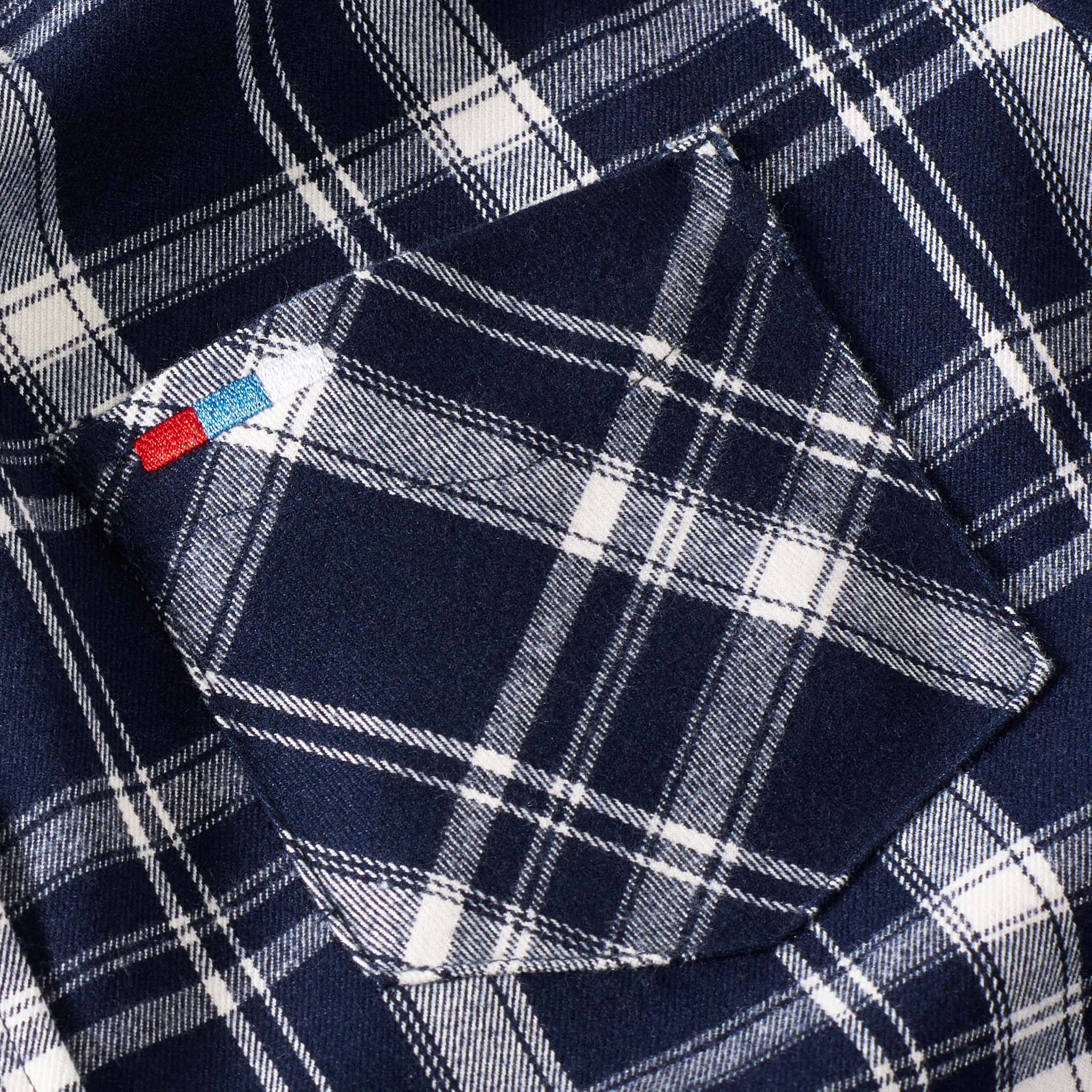 navy check button up flannel shirt with pocket embroidery