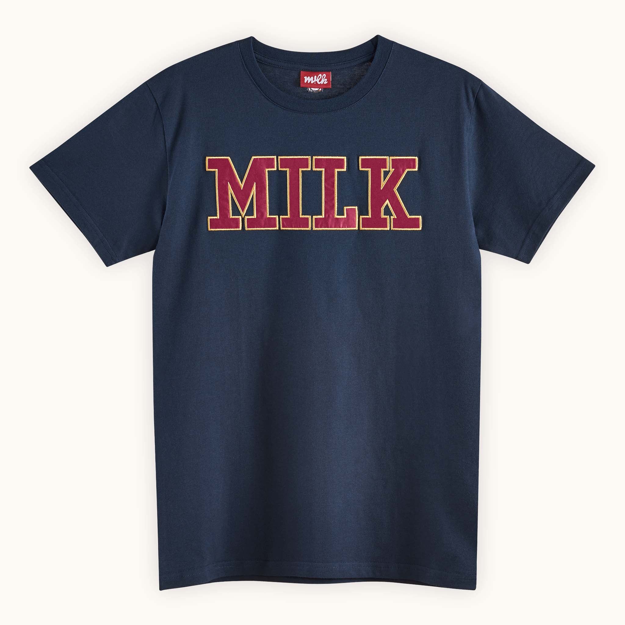 navy t-shirt with letter patches