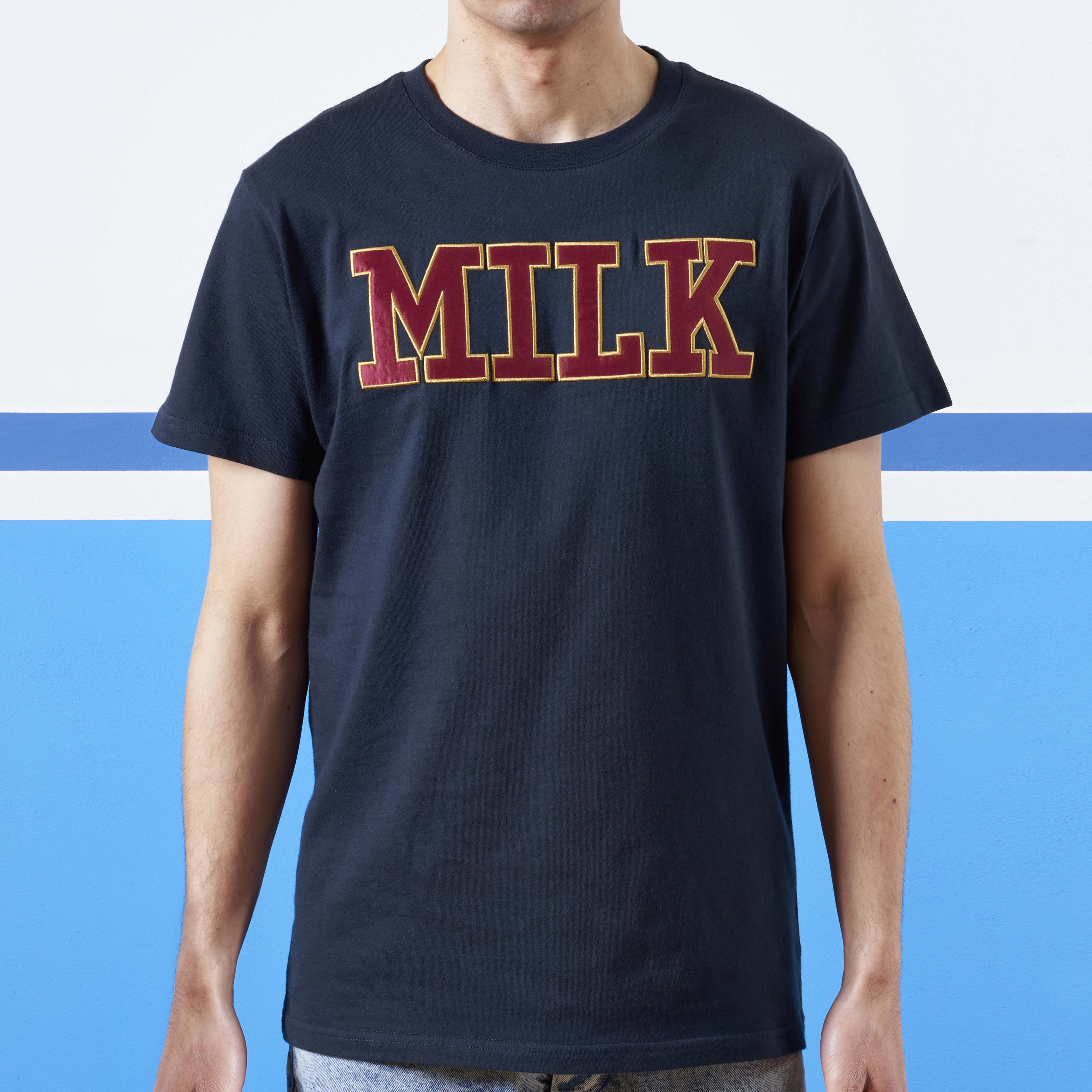 mens navy t-shirt with burgundy letter patches