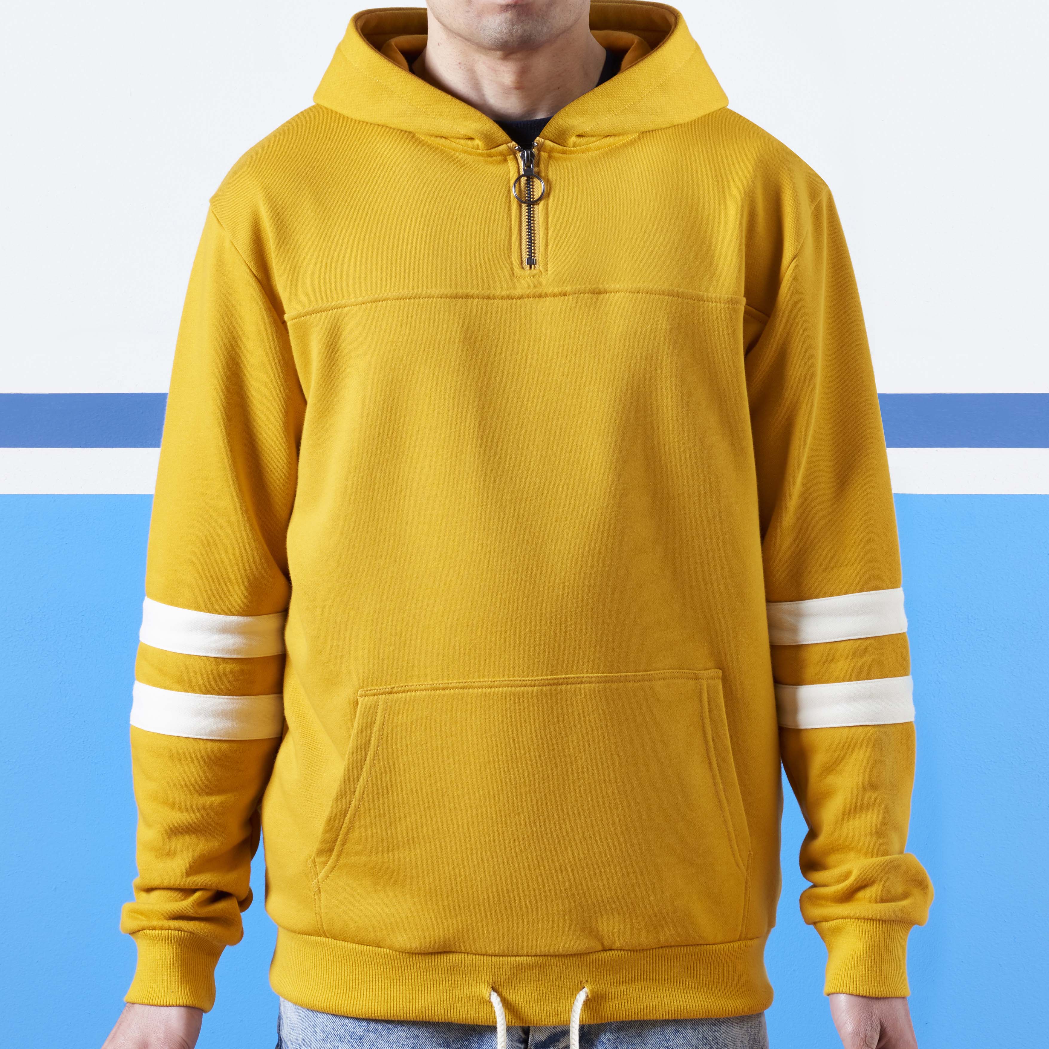 quarter zip yellow hoodie with sleeve details
