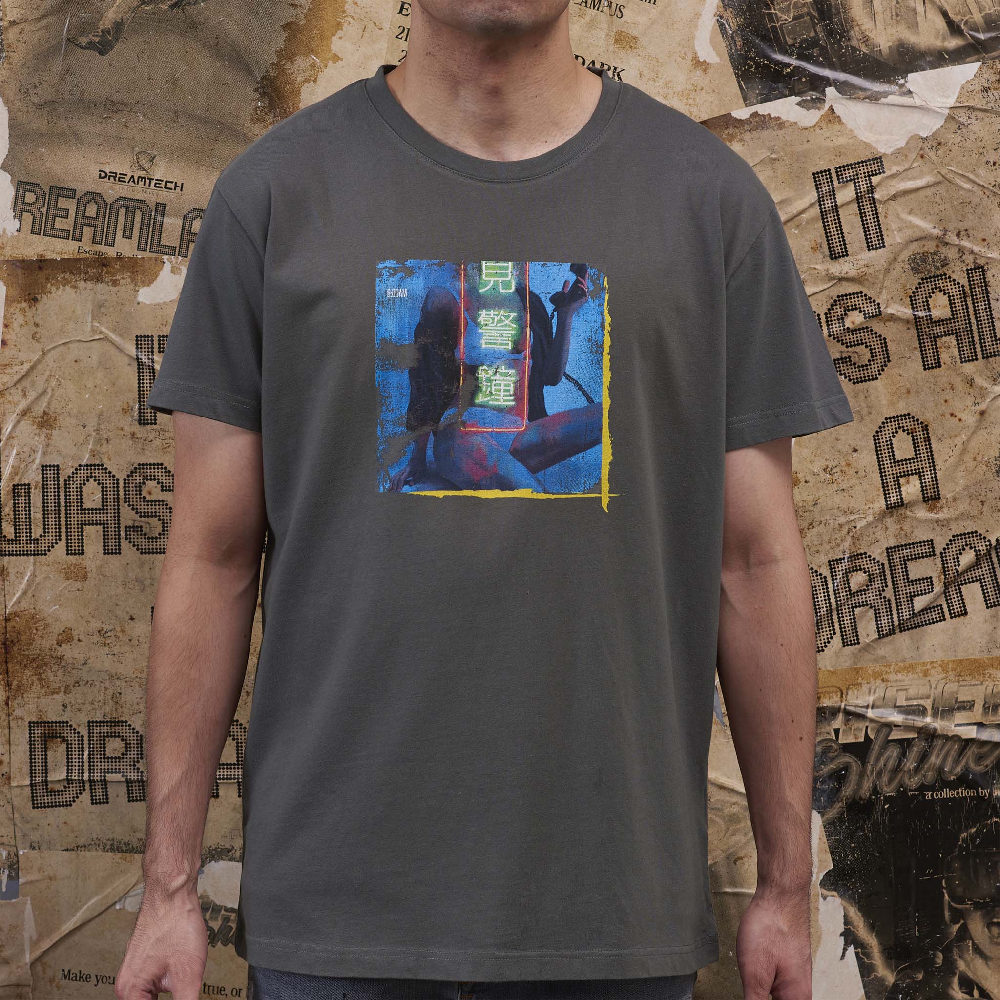 mens grey t-shirt with cyberpunk neon print