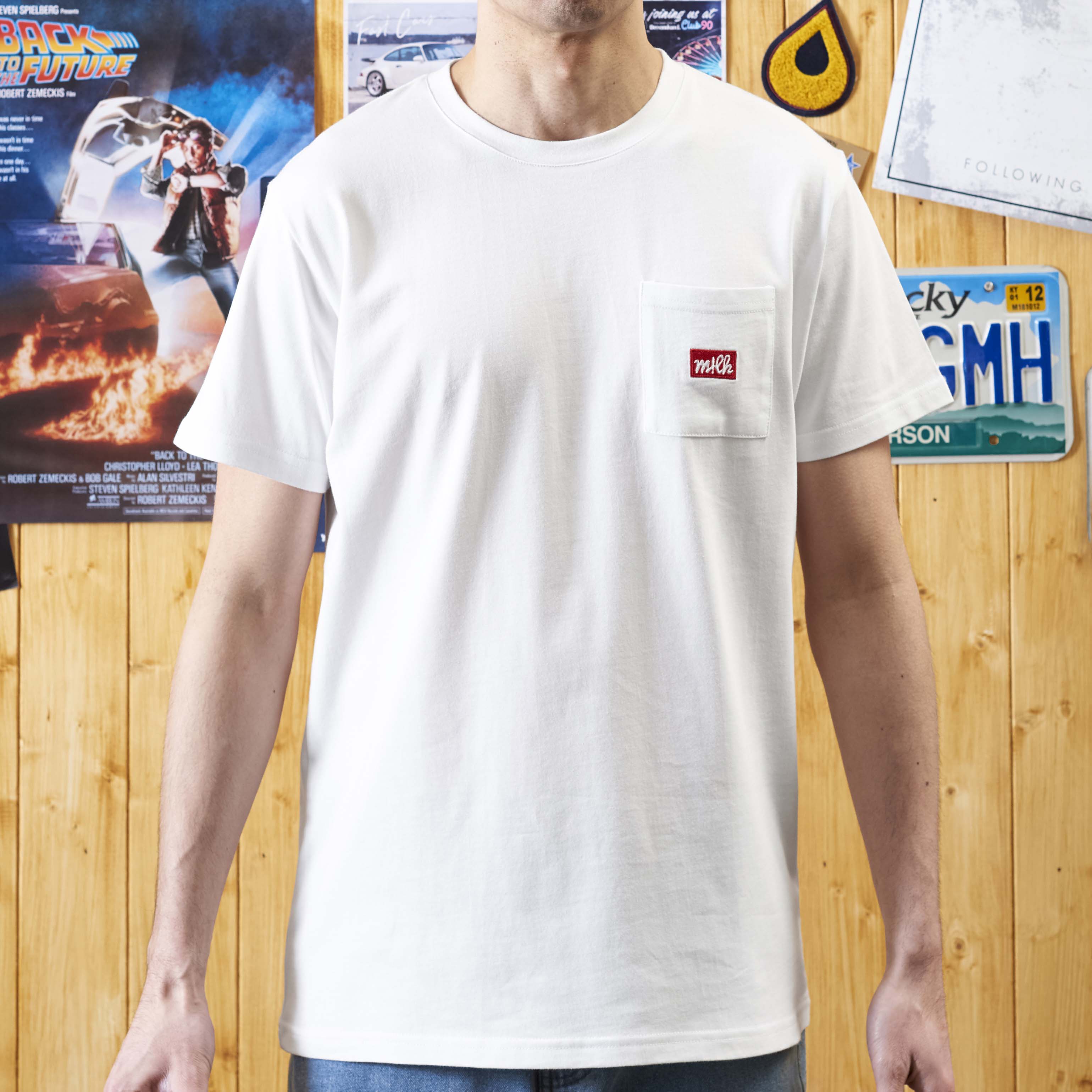 white pocket t-shirt with embroidery
