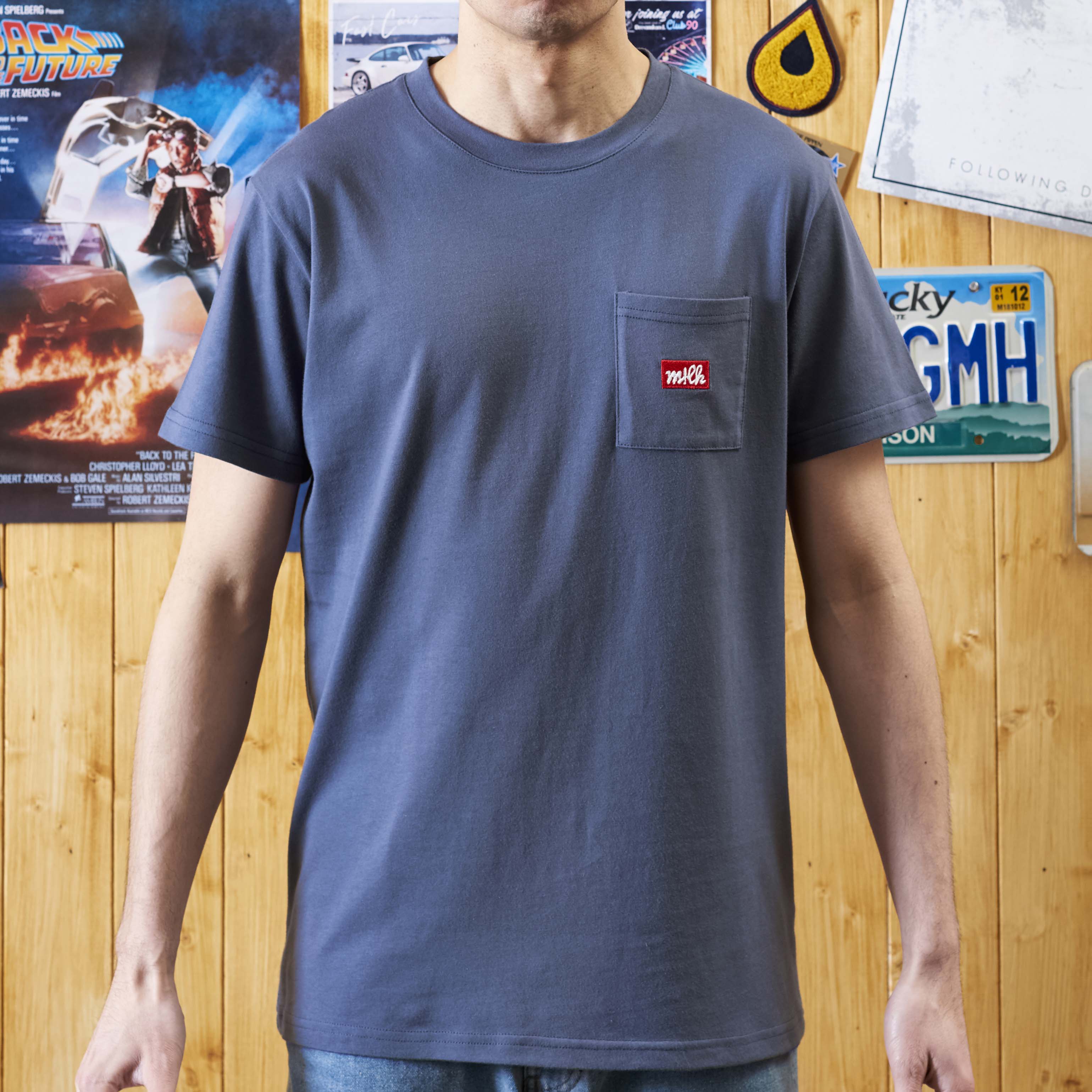 mens blue pocket t-shirt with red pocket embroidery