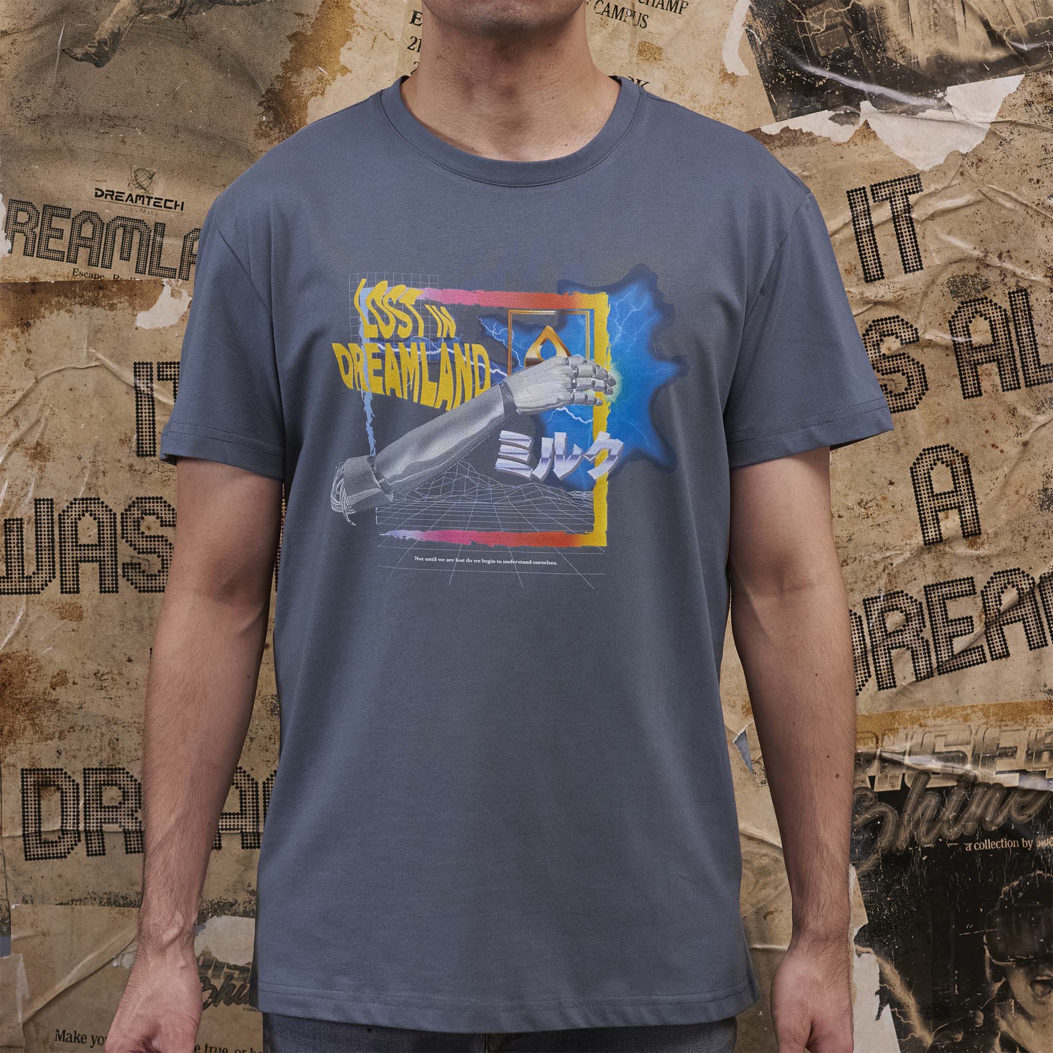 blue t-shirt with cyberpunk style graphic print